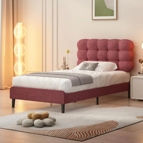 Vista 18 de Base de cama individual BarnFurin con cabecera tapizada, tela suave tipo bouclé, cama plataforma con fuerte soporte de listones de madera, diseño