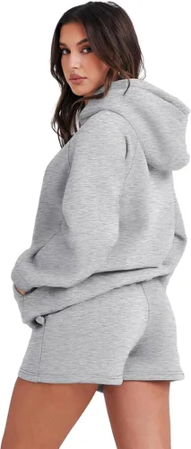 Vista 5 de ATHMILE Conjunto de 2 piezas de gran tamaño con capucha y pantalones cortos para mujer, conjunto de otoño 2023 de manga larga y sudadera acogedora