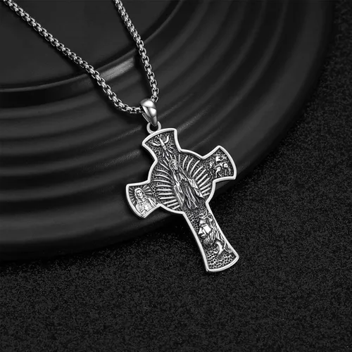 Vista 3 de StoryEtain 925 Sterling Silver Patron Saint Medals Amulet Protection Pandent Necklace Cross Faith Jewelry for Men(2.5mm 22"+2" Rolo Chain)