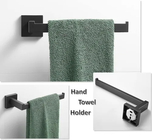 Vista 5 de Juego de accesorios de baño negro de 4 piezas, barra de toalla/soporte de papel higiénico/soporte para toallas de mano/gancho de toalla, montado