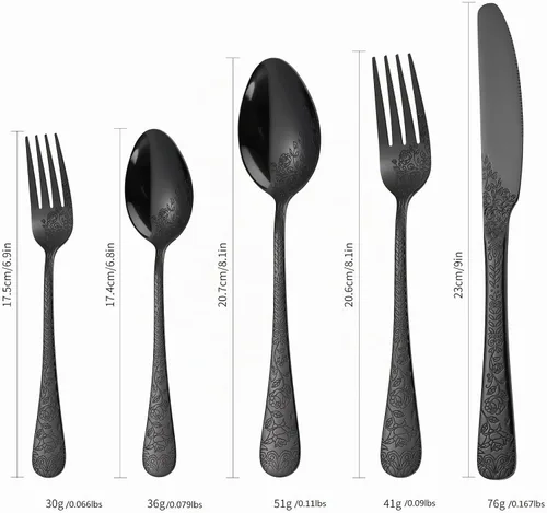 Vista 6 de Juego de Cubiertos Florales Negros para 6 Vajilla de Acero Inoxidable 30 Piezas Cubiertos Únicos Utensilios para Comer Vajilla Elegante Tenedor