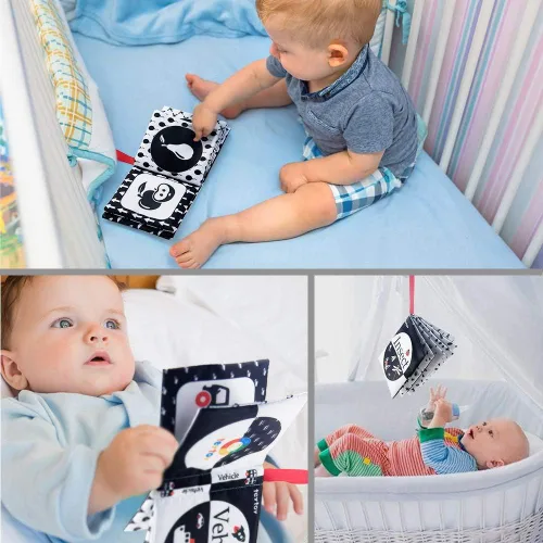 Vista 6 de teytoy My First Soft Book, 6 piezas de tela no tóxica para actividades arrugadas en blanco y negro para bebés, niños y niñas, juguetes educativos