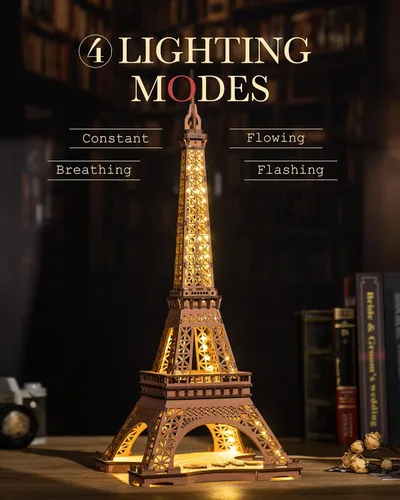 Vista 5 de Rowood Torre Eiffel, kits de modelos de rompecabezas 3D para adultos, rompecabezas de madera 3D DIY para adultos, juego de construcción con LED