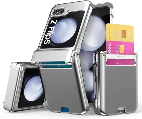 Vista 50 de para Galaxy Z Flip 5 Funda con 2 ranuras para tarjetas, funda rígida delgada y resistente con protección de bisagra, funda completa con protección