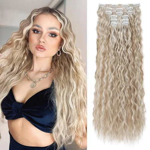 Vista 9 de LONAI - Extensiones de cabello con clip, 6 piezas, rizadas, de 24" de largo, sintéticas, para mujer, color rubio ceniza natural