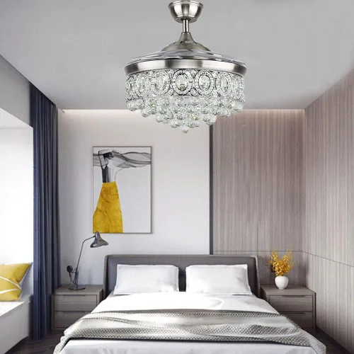 Vista 6 de Ventilador de techo de araña de cristal de 42 pulgadas con luces y cuchillas retráctiles de control remoto, moderno ventilador LED de iluminación