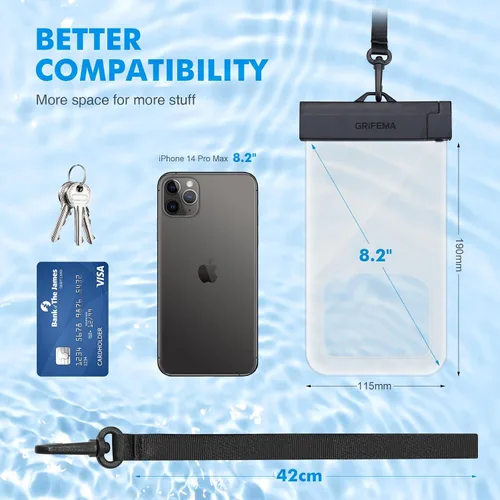 Vista 2 de GRIFEMA Funda impermeable para teléfono, paquete de 2 fundas impermeables para teléfono IPX8, transparente, para pantalla de natación, bolsa
