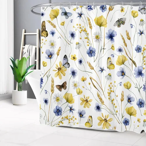 Vista 15 de EOBTAIN Nature - Cortina de ducha con flores silvestres para baño, cortina de ducha amarilla floral y mariposa sobre negro, con 10 ganchos, juego