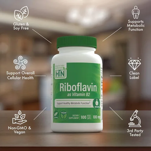 Vista 3 de Health Thru Nutrition Riboflavina 100 mg de vitamina B2 100 Vegecaps Apoya la función metabólica de energía saludable y el sistema nervioso