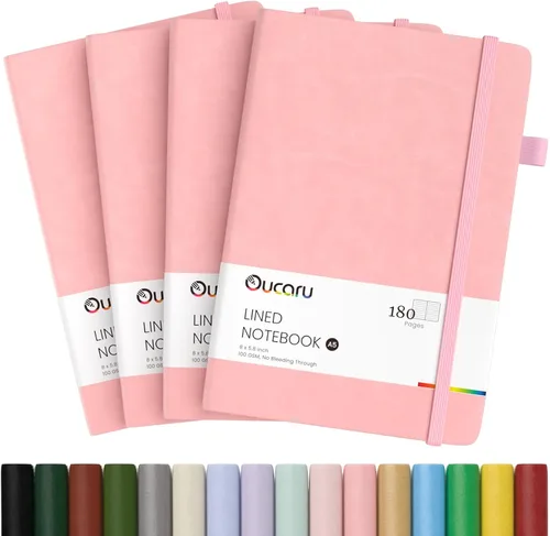 Vista 28 de Oucaru Cuaderno rayado, paquete de 4, 180 páginas, diarios A5 para escribir, papel grueso de 100 GSM, cuadernos pequeños diarios para mujeres