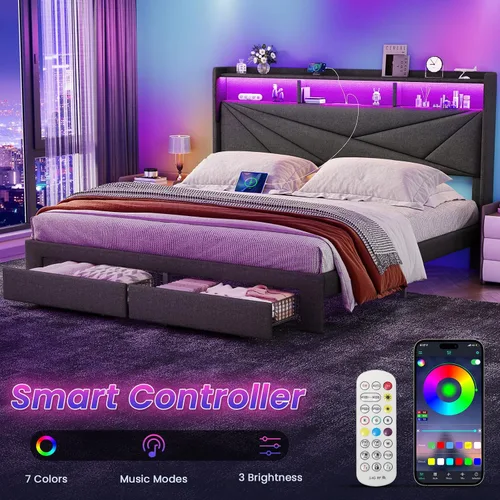 Vista 3 de Driftalia Base de cama de tamaño completo con cabecera de almacenamiento de 2 niveles, base de cama de tamaño completo tapizada con 2 cajones