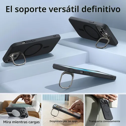 Vista 5 de ESR Funda para iPhone 15 Plus, funda de silicona MagSafe con soporte, protección de grado militar, soporte integrado para guardar cámara, funda
