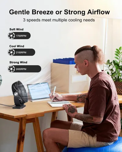 Vista 2 de TriPole Ventilador de escritorio pequeño alimentado por USB, ventilador portátil de 3 velocidades, mini ventilador de flujo de aire fuerte, rotación