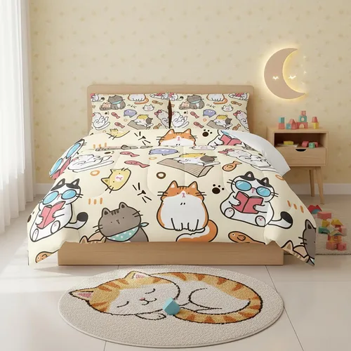 Vista 11 de QOOMO Edredón floral de gato tamaño Twin, juego de ropa de cama de gato rosa para niños, adolescentes y niñas, juego de ropa de cama de 3 piezas