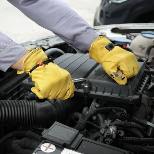 Vista 8 de Guantes de trabajo de cuero para hombres y mujeres con puño ajustable, resistentes, de piel de vaca