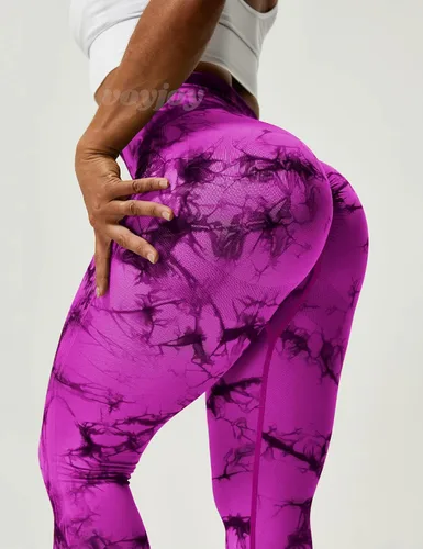Vista 3 de VOYJOY - Leggings sin costuras de teñido anudado para mujer, pantalones de yoga de cintura alta, mallas elásticas con levantamiento de glúteos