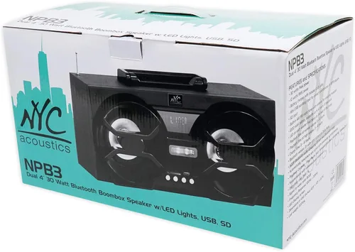Vista 9 de NYC Acoustics NPB3 Dual 4 "Altavoz Bluetooth Boombox portátil+USB/SD/LED+Remoto, Negro
