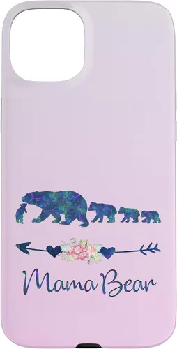 Vista 9 de Funda para iPhone 16, diseño floral de mamá oso de cuatro cachorros, color verde azulado y morado