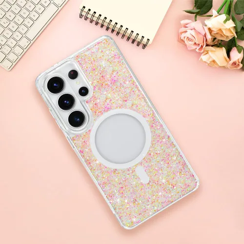 Vista 250 de Bonoma - Funda compatible con Samsung Galaxy S21 Plus, diseño de corazón con purpurina, color rosa Support for MagSafe, Plating Magnetic Case TPU