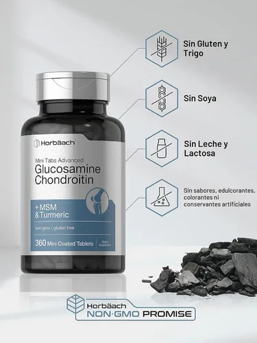 Vista 4 de Horbäach Glucosamina Condroitina MSM Turmeric 360 Mini tabletas recubiertas Fórmula avanzada de glucosamina Suplemento sin OMG y sin gluten