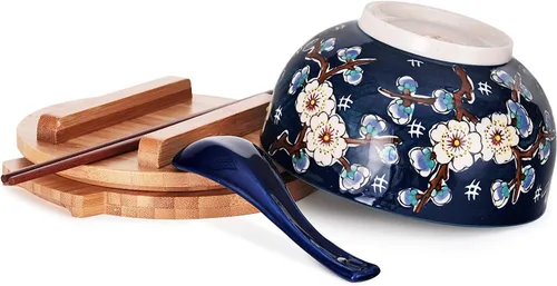 Vista 4 de Happy Sales HSKM-CHRYB8, juego de tazón para ramen, fideos de arroz estilo vintage japonés Kamameshi con tapa de bambú, esterilla, palillos