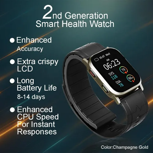 Vista 5 de Reloj inteligente AI Gold Tone Metal BP, aprobado por la FDA 510 (k), presión arterial con bolsa de aire, seguimiento mental, velocidad, oxígeno