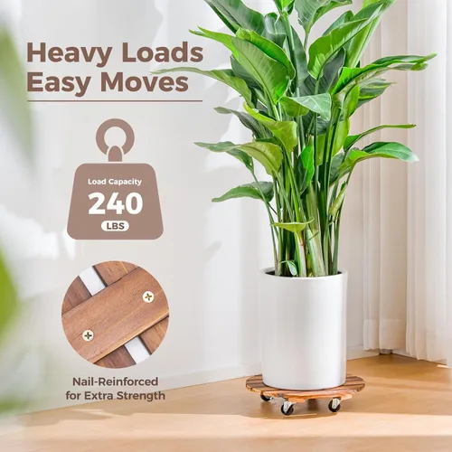 Vista 2 de Bamworld Soporte para Plantas al Aire Libre con Bandeja Rodante Organizador para Plantas con Ruedas 12 Pulgadas Carro de Plantas con Ruedas Carro