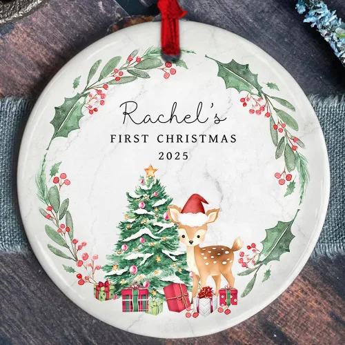 Vista 9 de Adorno personalizado de cerámica para la primera Navidad del bebé 2025 – Recuerdo navideño de copo de nieve personalizado con nombre, nuevo adorno