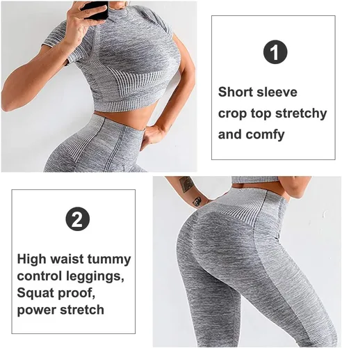 Vista 3 de FeelinGirl Conjuntos de entrenamiento de 2 piezas para mujer, sin mar, manga corta, trajes de yoga acanalados, leggings de cintura alta
