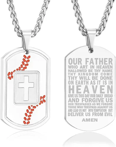 Vista 10 de Collar de cruz con versículo bíblico de béisbol, acero inoxidable, dije de cruz en tono negro/dorado/plateado, regalos religiosos, joyería deportiva