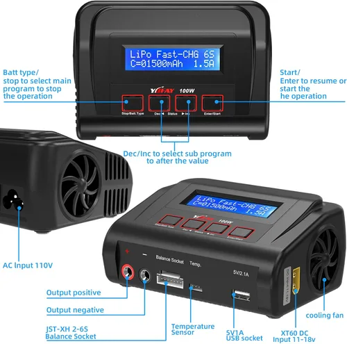 Vista 4 de Cargador de batería RC AC/DC 100 W Lipo Cargador Lipo Cargador de batería para 2S 3S-6S 7.4 V 11.1 V Paquetes de baterías Lipo con TRX/clip