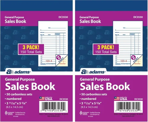 Vista 9 de Adams Libro de ventas de uso general, 2 partes, sin carbono, blanco/canario, 3-11/32 x 5-5/8 pulgadas, 50 juegos/libro, 3 libros (DC3530)