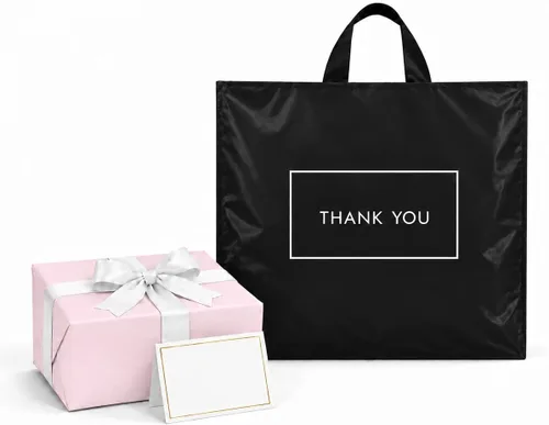 Vista 5 de Purple Q Crafts Bolsas de agradecimiento para negocios, bolsas de plástico negras, paquete de 50 con asa de bucle suave
