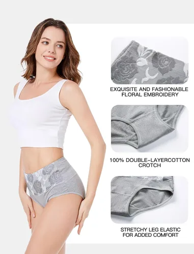 Vista 5 de HAVVIS Bragas Ropa Interior de Mujer de Algodón Cintura Alta Control Abdominal Panties Rosa Jacquard para Damas Multipack Calzoncillos 01 - Paquete