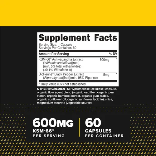 Vista 2 de Primaforce KSM-66 Extracto de raíz de Ashwagandha (600 mg) 60 cápsulas vegetarianas - 5% Withanólidos con BioPerine