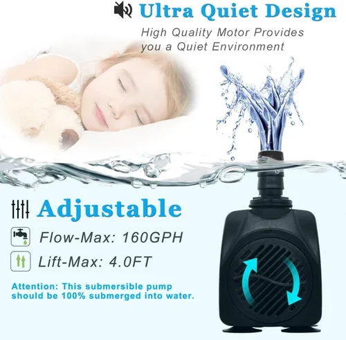 Vista 3 de PULACO Bomba de fuente pequeña de 160 GPH, bomba de agua sumergible ultra silenciosa (600 l/h, 10 vatios) con tubo de 3.3 pies para acuarios, fuente