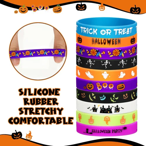 Vista 3 de Hiboom 100 Pcs Halloween Rubber Bracelets Bulk Halloween Party Favor Trick or Treat Goodie Bag Stuffer Filler Rubber Silicone Wristband Gift for
