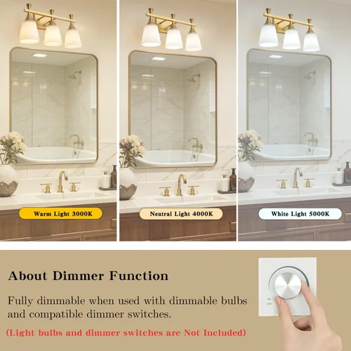 Vista 8 de Lámpara moderna de tocador de baño de 3 luces, lámparas de pared de vidrio de leche sobre el espejo, iluminación de tocador de oro cepillado