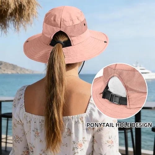 Vista 90 de Rosoz Sombreros de cola de caballo para mujer, protección UV, ala ancha 1 paquete-negro
