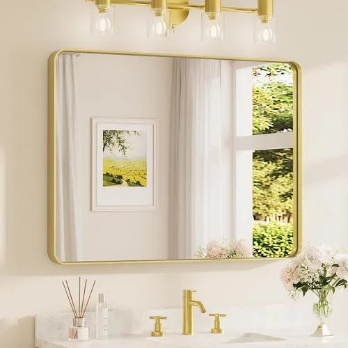 Vista 54 de Espejo de marco dorado cepillado de 16 x 24 pulgadas, espejo de tocador de baño de latón dorado para pared, espejo enmarcado rectangular de esquina