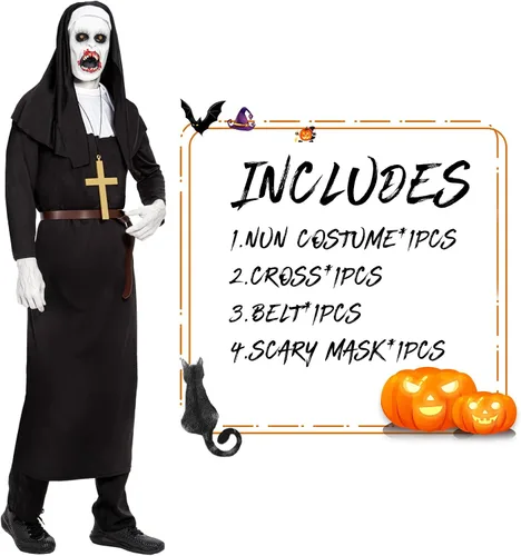 Vista 5 de Juego de 4 piezas de disfraz de monja con máscara aterradora para adultos unisex, para hombres y mujeres, disfraz de Halloween de talla grande