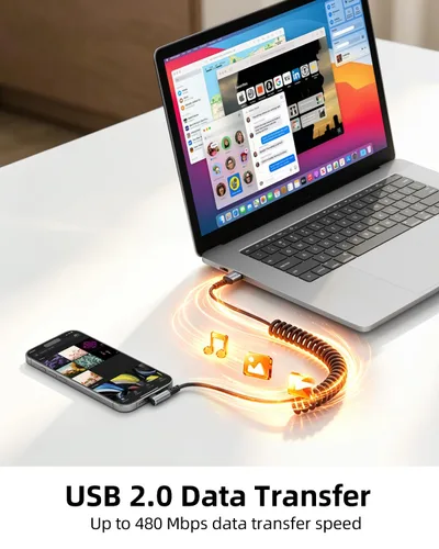 Vista 6 de Cable USB C en espiral, cable de coche USB C a USB C en ángulo recto corto