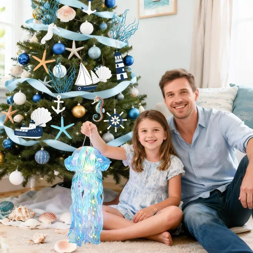 Vista 6 de MOVINPE Juego de adornos costeros para árbol de Navidad, decoración colgante de vacaciones con decoración para colgar en el árbol, faroles