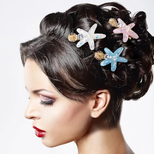 Vista 5 de PAGOW 3 pinzas para el cabello con estrella de mar, pinzas para el cabello de cristal, soporte para cola de caballo de estrella de mar, accesorios
