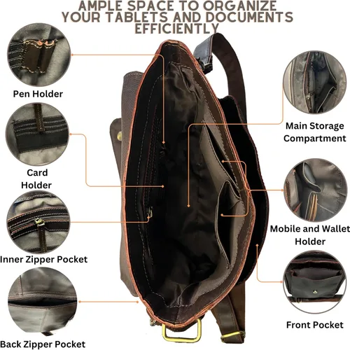 Vista 4 de LUXI TREASURE Soft Leather Sling Bag 11 inch Brown Crossbody Shoulder Messenger Unisex bag Adjustable straps