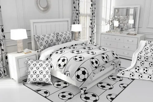 Vista 5 de Juego de ropa de cama de fútbol 100% algodón natural, tamaño individual, funda de edredón con patrón de bola blanca trasera, 2 piezas