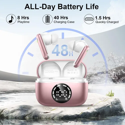 Vista 2 de Auriculares inalámbricos, auriculares Bluetooth 2025 V5.4, micrófono con cancelación de ruido ENC integrado, auriculares Bluetooth estéreo de 48