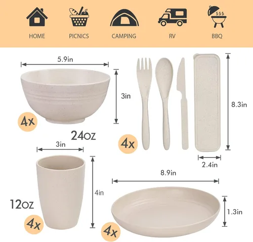 Vista 2 de Juego de vajilla de paja de trigo para 4, platos y tazones de paja de trigo, platos de cocina, 28 piezas, artículos esenciales para dormitorio