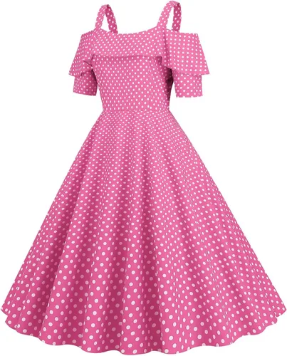 Vista 2 de Vestidos de lunares de los años 50 para mujer, vestidos vintage rosados Rockabilly con hombros descubiertos, vestidos de fiesta, vestido de longitud