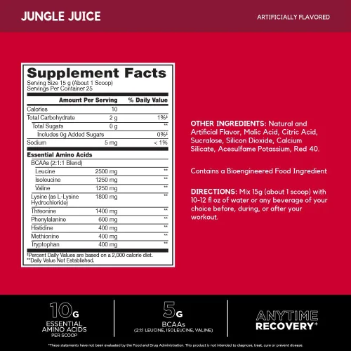Vista 2 de BSN Amino X EAAs, Recuperación Muscular y Resistencia, 10g de Aminoácidos Esenciales, 5g de BCAAs, Sin Azúcar, Libre de Cafeína, Jugo de Selva, 0.37
